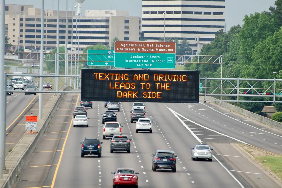 A highway sign references the Star Wars franchise in its message.